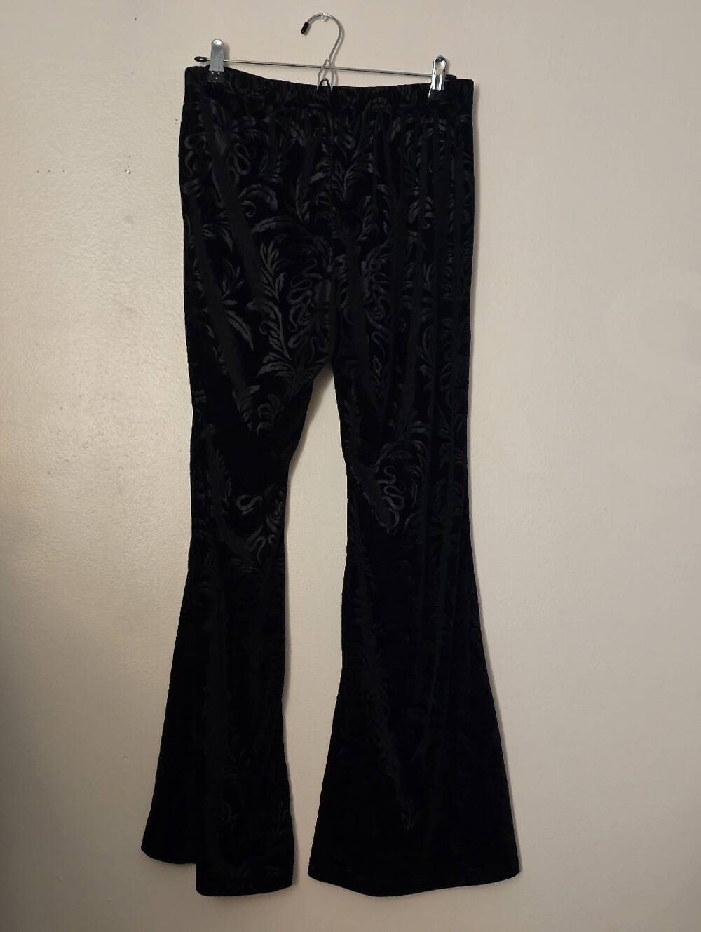 Black Velvet Boot-Cut Pants with Damask Texture